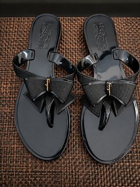 Salvatore Ferragamo Black Bow Thong Sandals